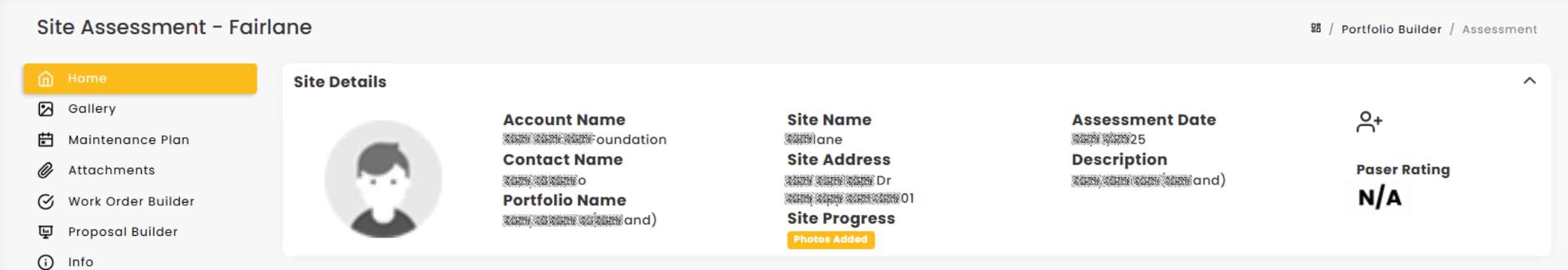 LATO AI The Pavement Group dashboard screenshot showing Site Assessment with account details, contact information, site address, assessment date, description, PASER rating, and site progress status.