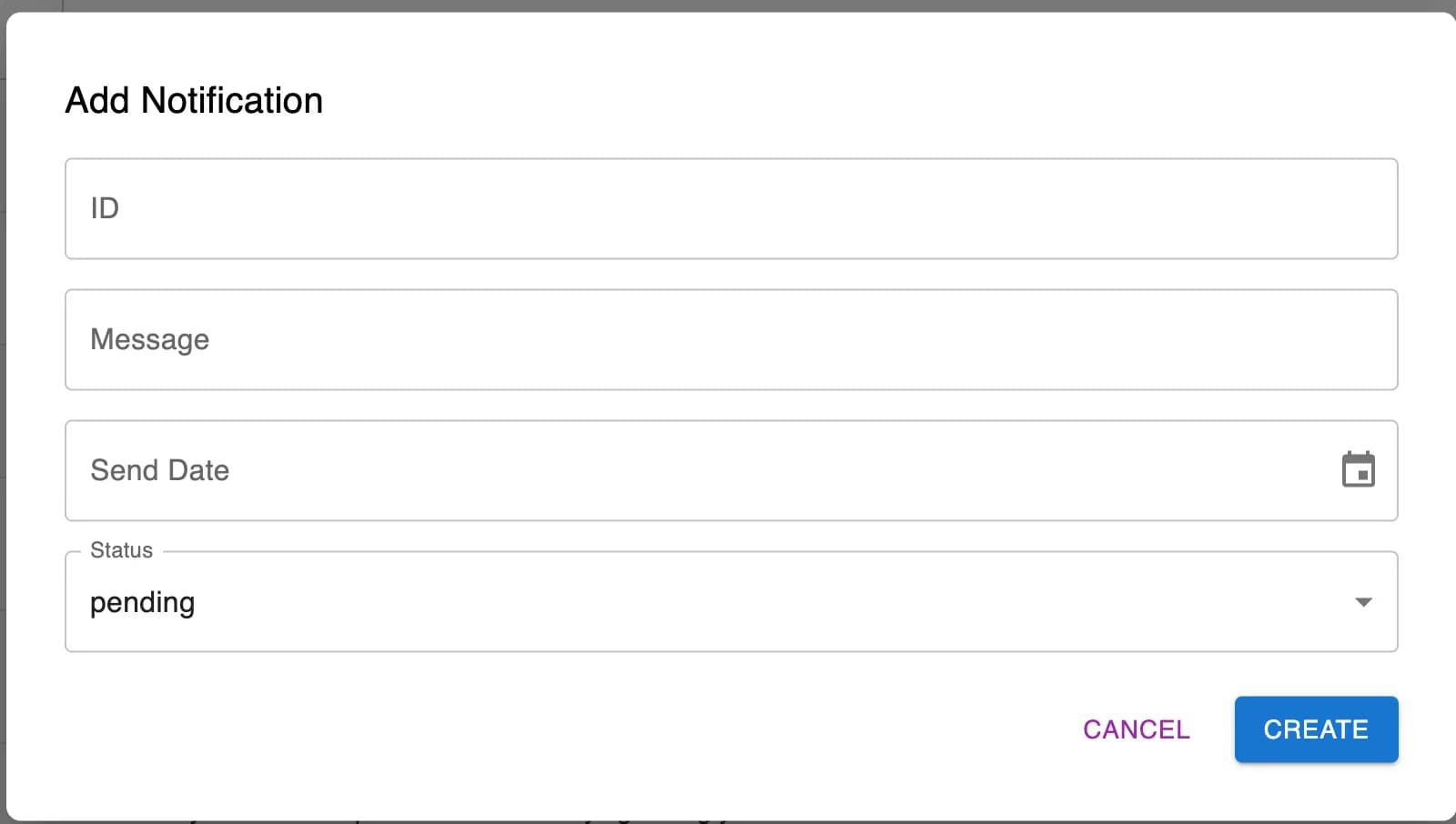 LATO AI David Alan dashboard modal window for adding new client notifications, with fields for ID, message, send date, and status selection, plus options to cancel or create.