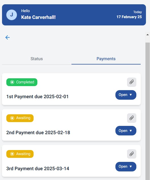 LATO AI Shly Deck & Fence payments dashboard showing completed and pending payments with due dates for construction projects