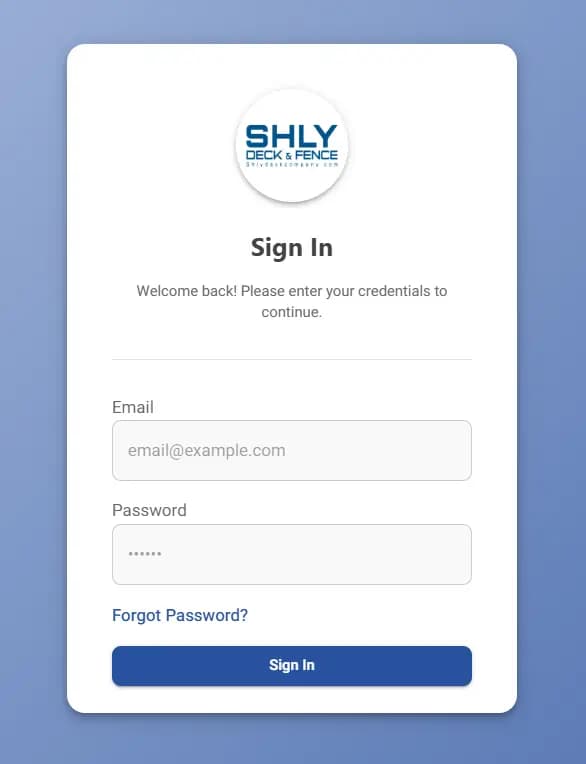 LATO AI Shly Deck & Fence login screen for secure access to construction job reporting and project management platform