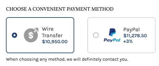 LATO AI Second Time payment method selection screen showing wire transfer and PayPal options with pricing in AI-powered luxury watch marketplace