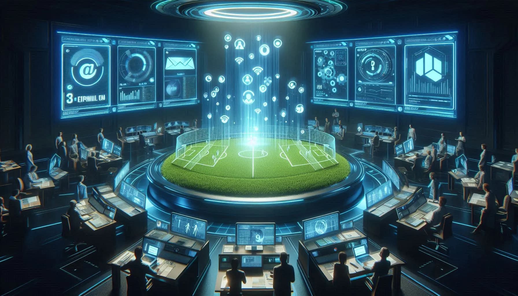 LATO AI FieldTurf cover image featuring a futuristic control center with a holographic turf field and digital outreach icons, symbolizing AI-powered email automation and scalable marketing solutions for the sports and construction industry.