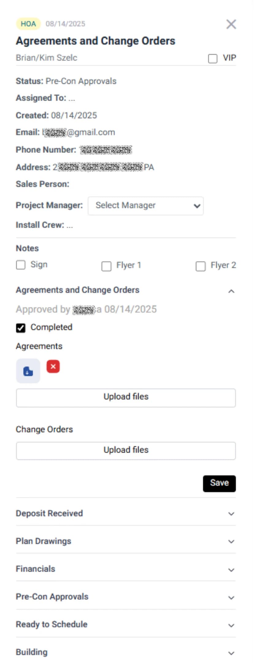 LATO AI Shly Deck & Fence Kanban detail view showing agreements and change orders with client information, project manager assignment, and file upload options for construction projects