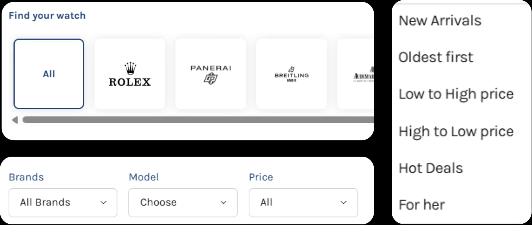 LATO AI Second Time luxury watch marketplace filters with brand, model, price selection and sorting options like new arrivals, hot deals, and for her