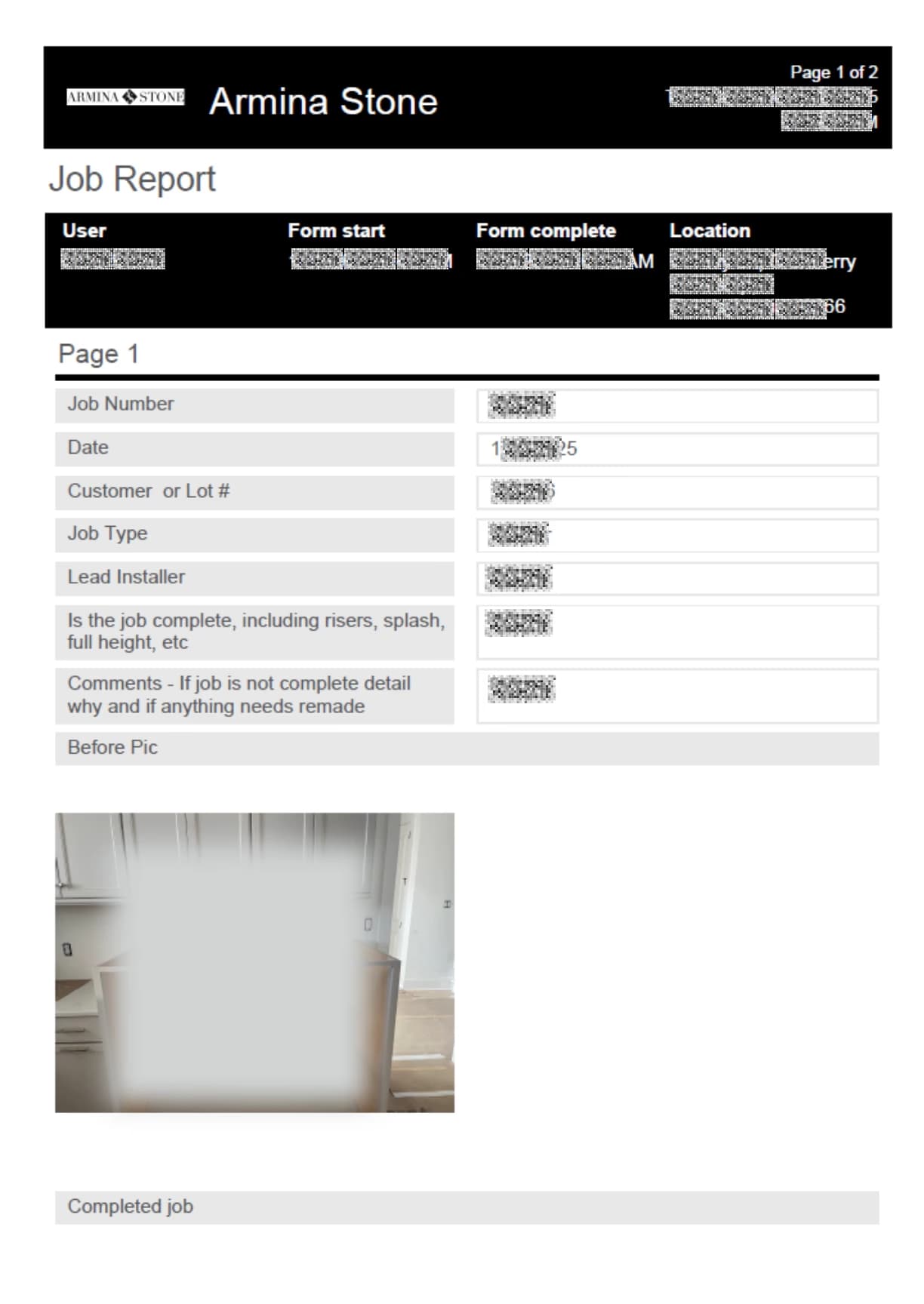 LATO AI Armina Stone job report form showing job number, customer details, installer information, completion notes, and project photo for construction reporting automation