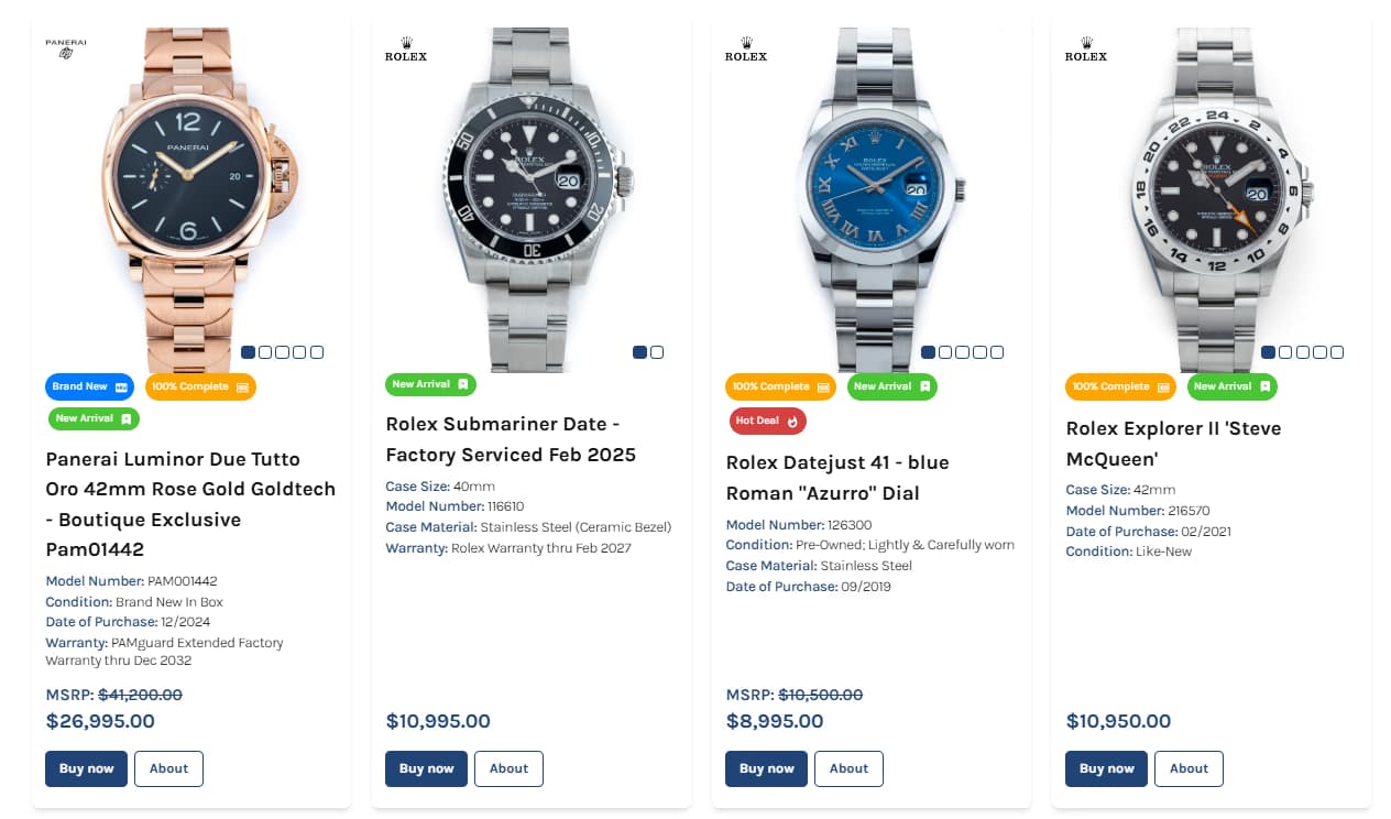 ChatGPT said: ¡Excelente! 🙌 Esta captura corresponde al marketplace de relojes de lujo en Second Time, mostrando listings de marcas como Rolex y Panerai, con detalles de modelo, condición, fecha de compra, precio y botones de compra. Aquí tienes el alt text SEO optimizado (con LATO AI primero): Alt text sugerido: