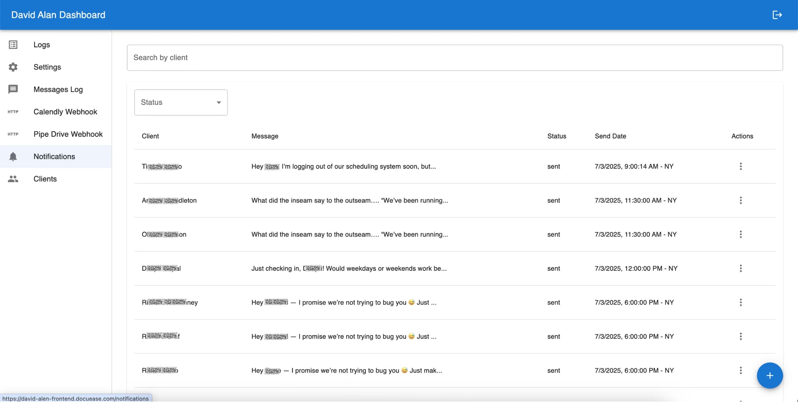 LATO AI David Alan dashboard notifications screen displaying scheduled and sent automated client outreach messages with status, timestamps, and actions.