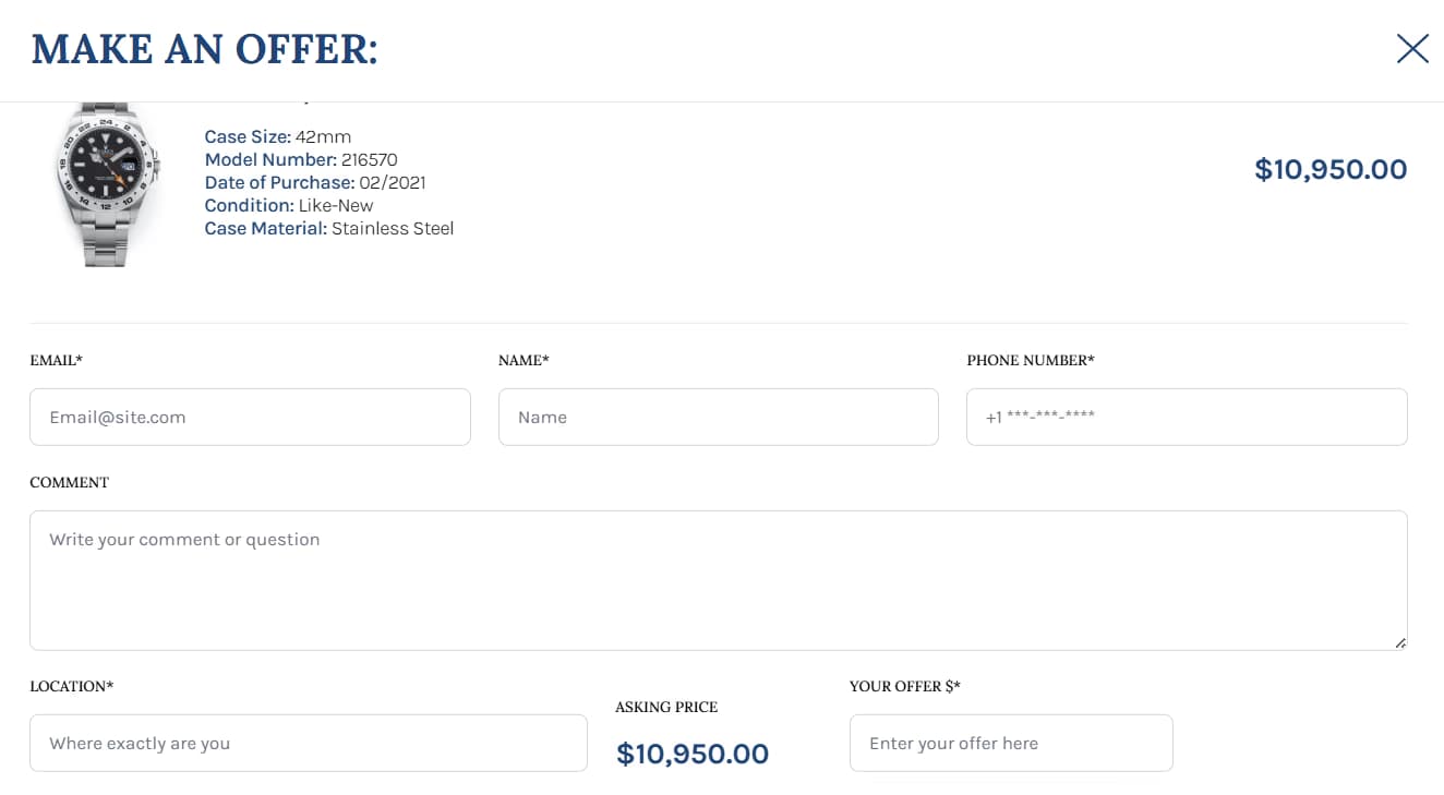 LATO AI Second Time make an offer screen for Rolex Explorer II Steve McQueen watch showing buyer form with contact details, comments, and custom price offer in AI-powered luxury watch marketplace