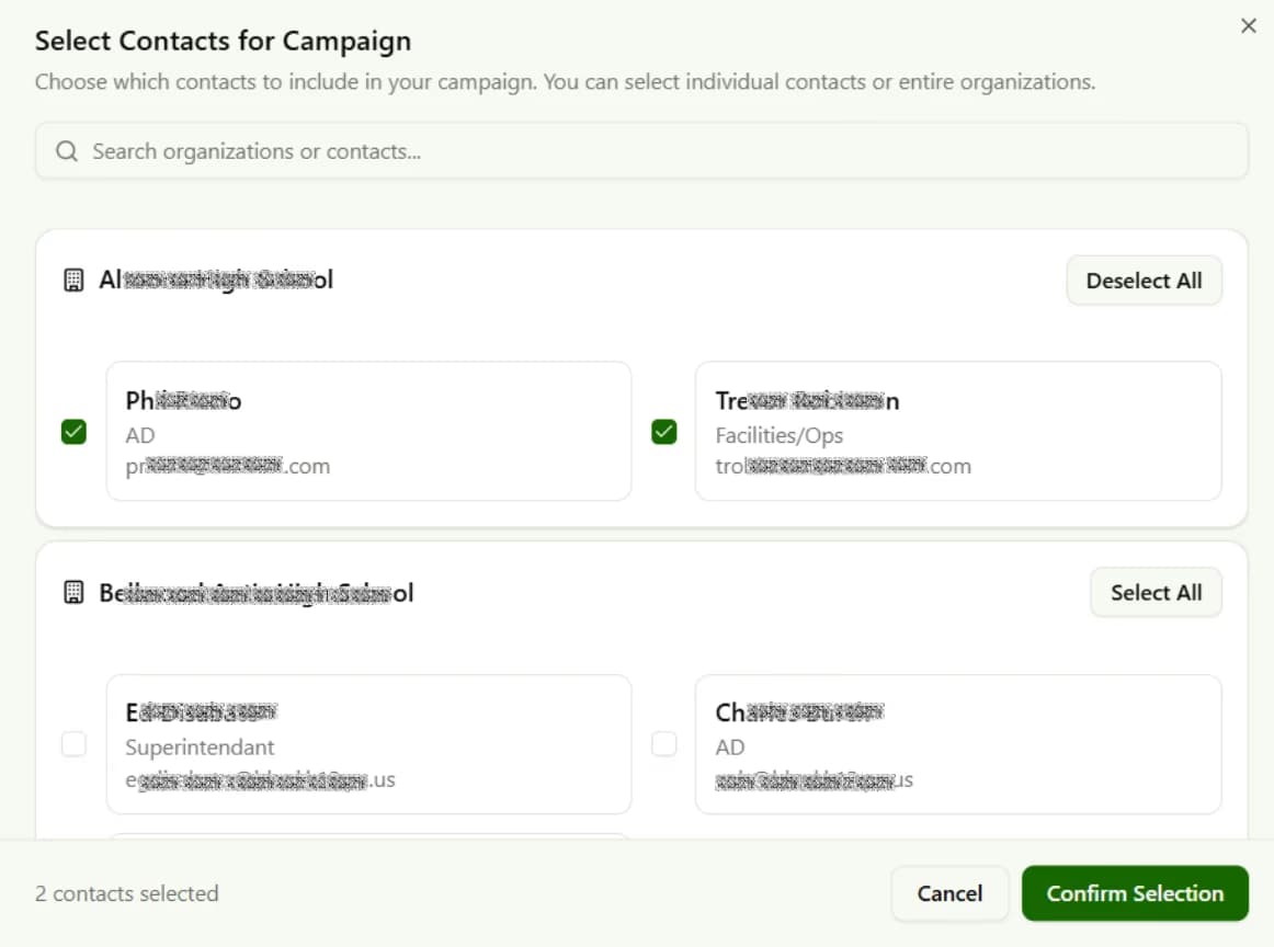 LATO AI FieldTurf platform screenshot showing contact selection interface for outreach campaigns, enabling targeted communication and AI-powered audience management.
