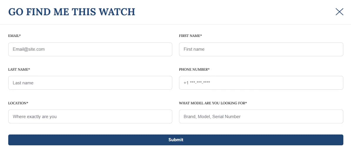 LATO AI Second Time Go Find Me This Watch form to request specific luxury watch by brand, model, or serial number