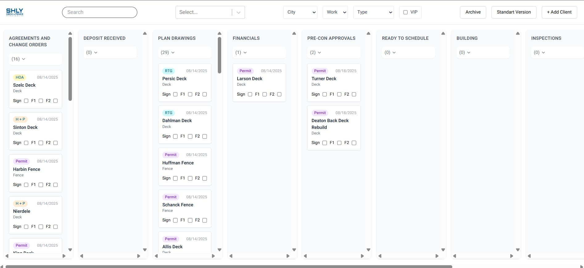 LATO AI Shly Deck & Fence Kanban board dashboard showing construction workflow stages including agreements, plan drawings, financials, pre-con approvals, scheduling, building, and inspections
