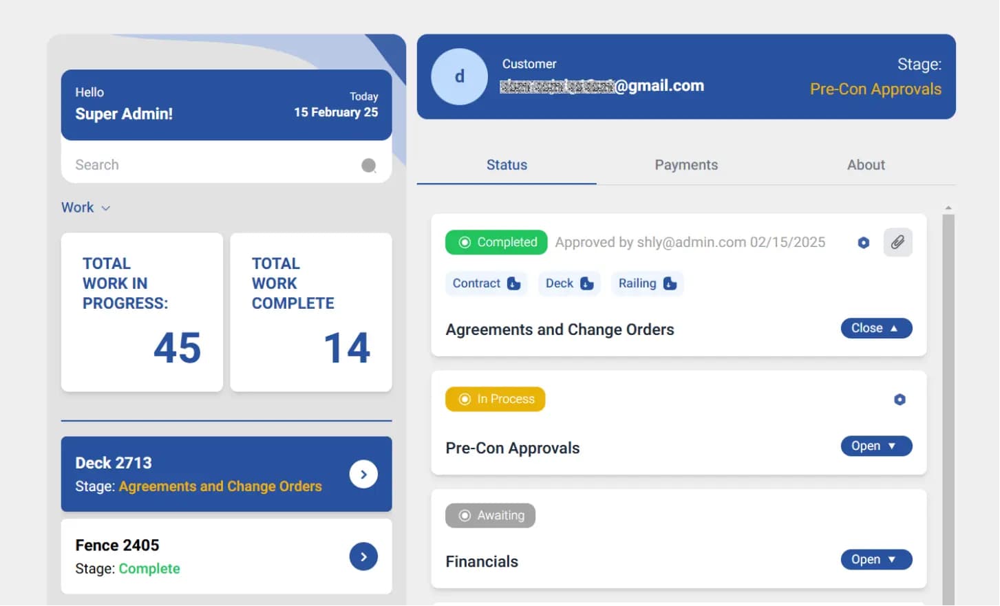 LATO AI Shly Deck & Fence project status dashboard showing agreements, pre-con approvals, and financial stages with real-time tracking