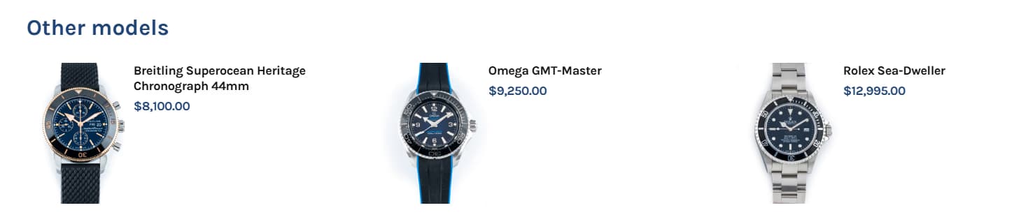 LATO AI Second Time related models section showing Breitling Superocean Heritage Chronograph, Omega GMT-Master, and Rolex Sea-Dweller with prices in AI-powered luxury watch marketplace