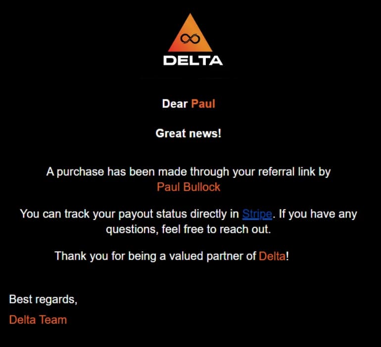 LATO AI Delta affiliate program notification email confirming a purchase made through referral link with payout tracking available via Stripe.