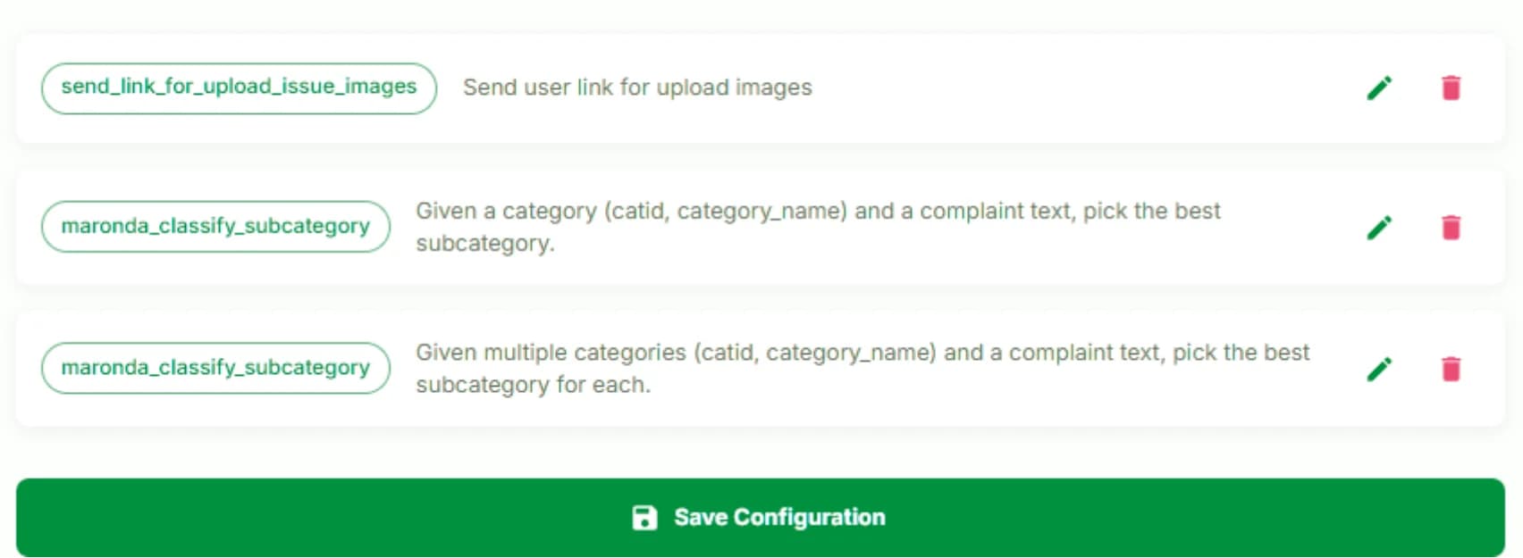 LATO AI Maronda Homes configuration screenshot showing functions for uploading issue images and classifying complaint subcategories.