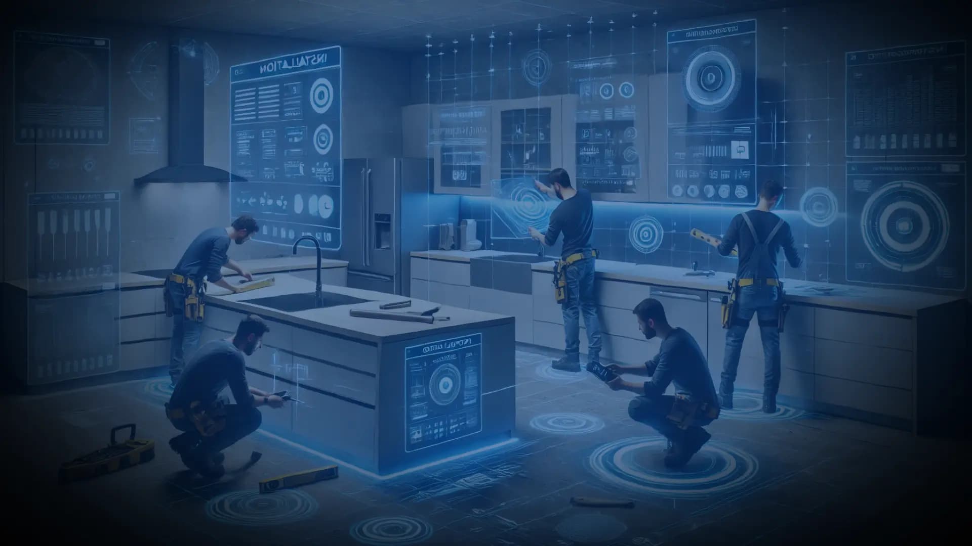 LATO AI Armina Stone installation team with AI-powered digital dashboards representing automated job reporting, service ticket triage, and hotlist prioritization for construction projects