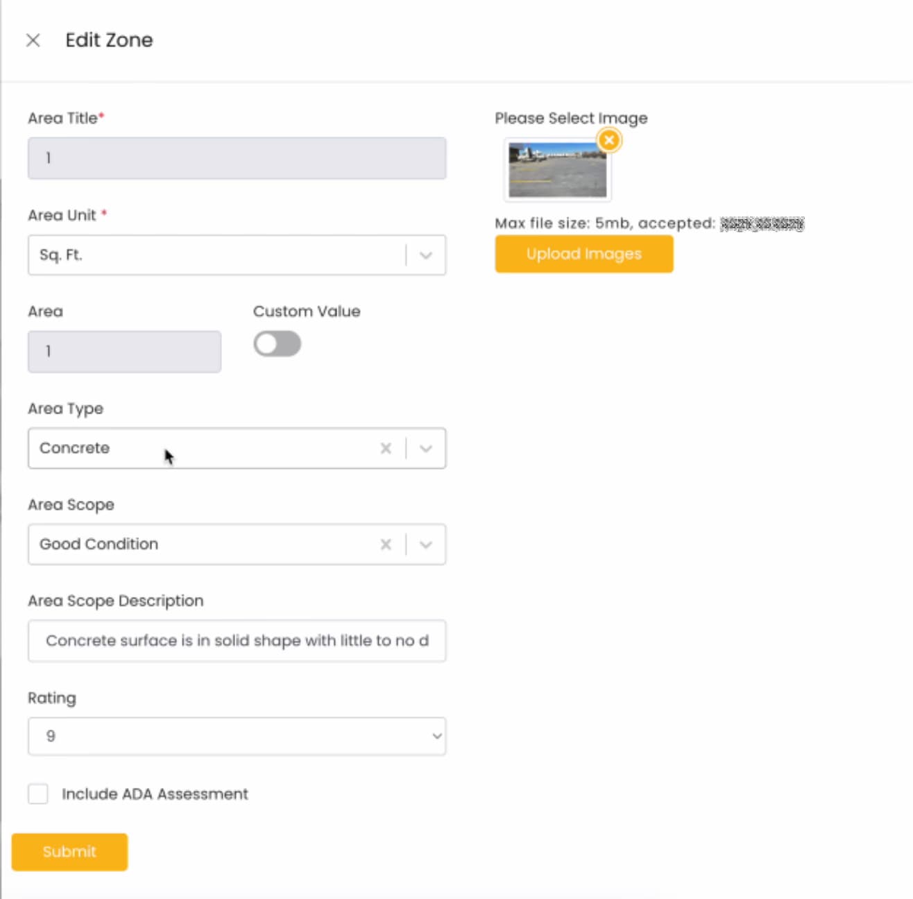 LATO AI The Pavement Group edit zone form screenshot showing fields for area title, unit, type (concrete), scope (good condition), description, rating, and ADA assessment option with an uploaded pavement image for AI-powered site evaluation.