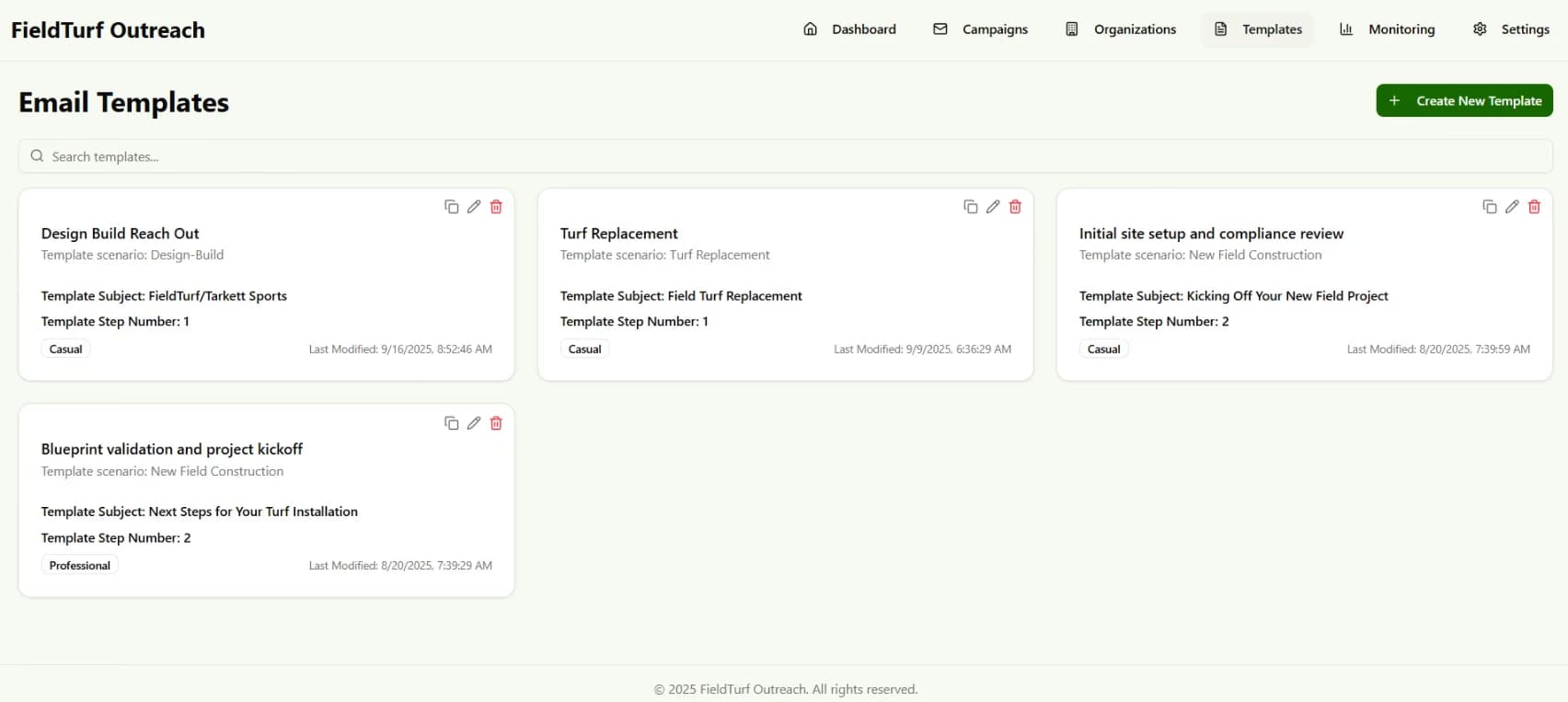 LATO AI FieldTurf platform screenshot showing email templates for outreach campaigns, supporting AI-powered communication workflows and personalized messaging.