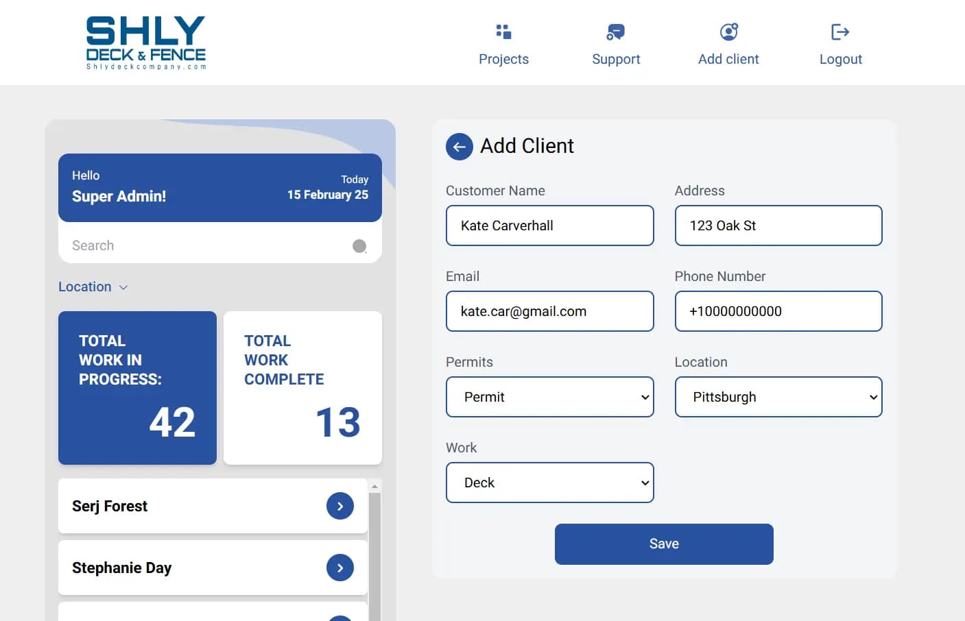 LATO AI Shly Deck & Fence admin dashboard showing add client form for construction project reporting and management