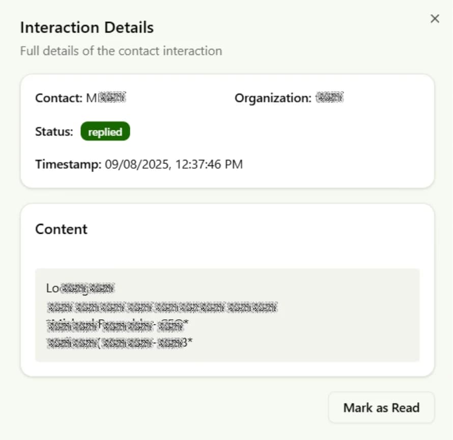 LATO AI FieldTurf platform screenshot showing interaction details with contact information, status, timestamp, and message content, highlighting AI-powered outreach tracking and customer engagement.