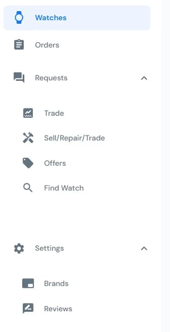 LATO AI Second Time dashboard menu with watches, orders, trade, sell repair trade, offers, find watch, brands and reviews settings