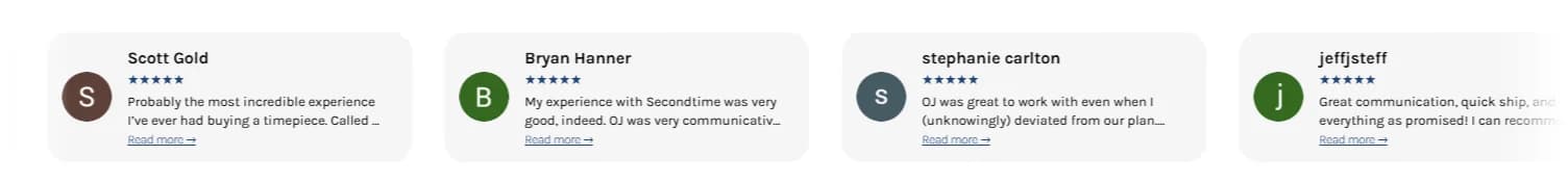 LATO AI Second Time customer testimonials showing 5-star reviews from buyers about luxury watch purchases and service