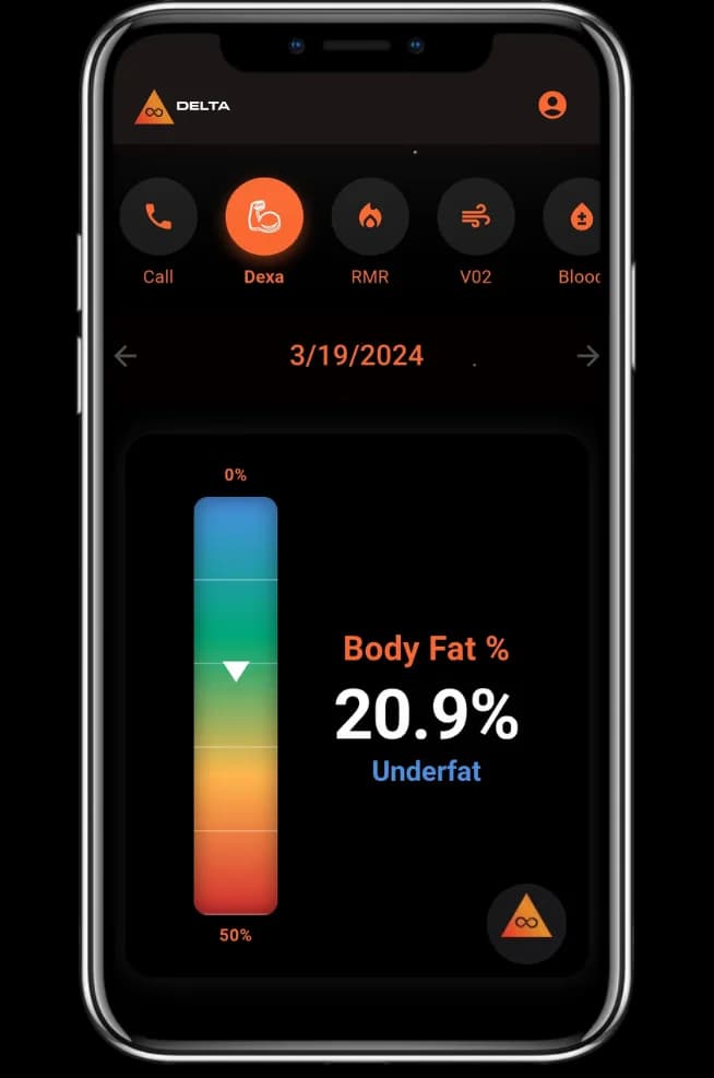 LATO AI Delta mobile app dashboard showing Dexa body composition results with body fat percentage analysis and health tracking interface.