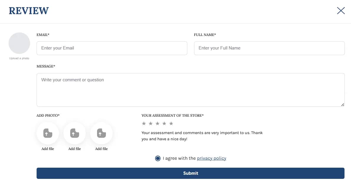 LATO AI Second Time customer review form with rating stars, comment, and photo upload