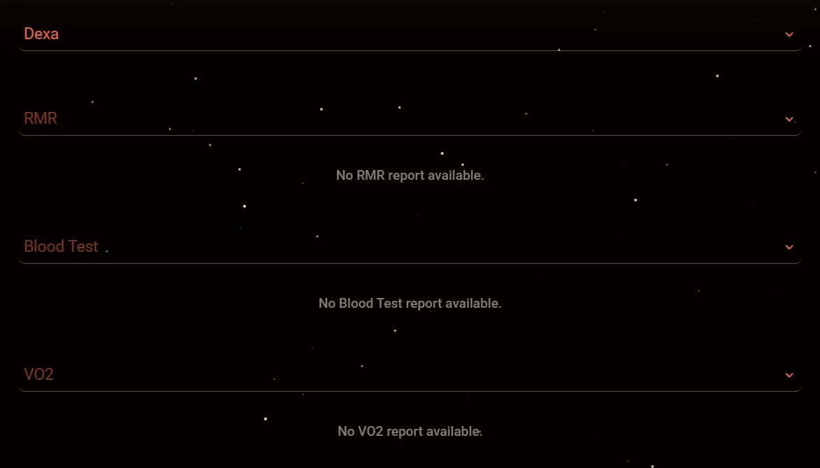 LATO AI Delta health dashboard report section showing unavailable results for Dexa, RMR, blood test, and VO2 modules.