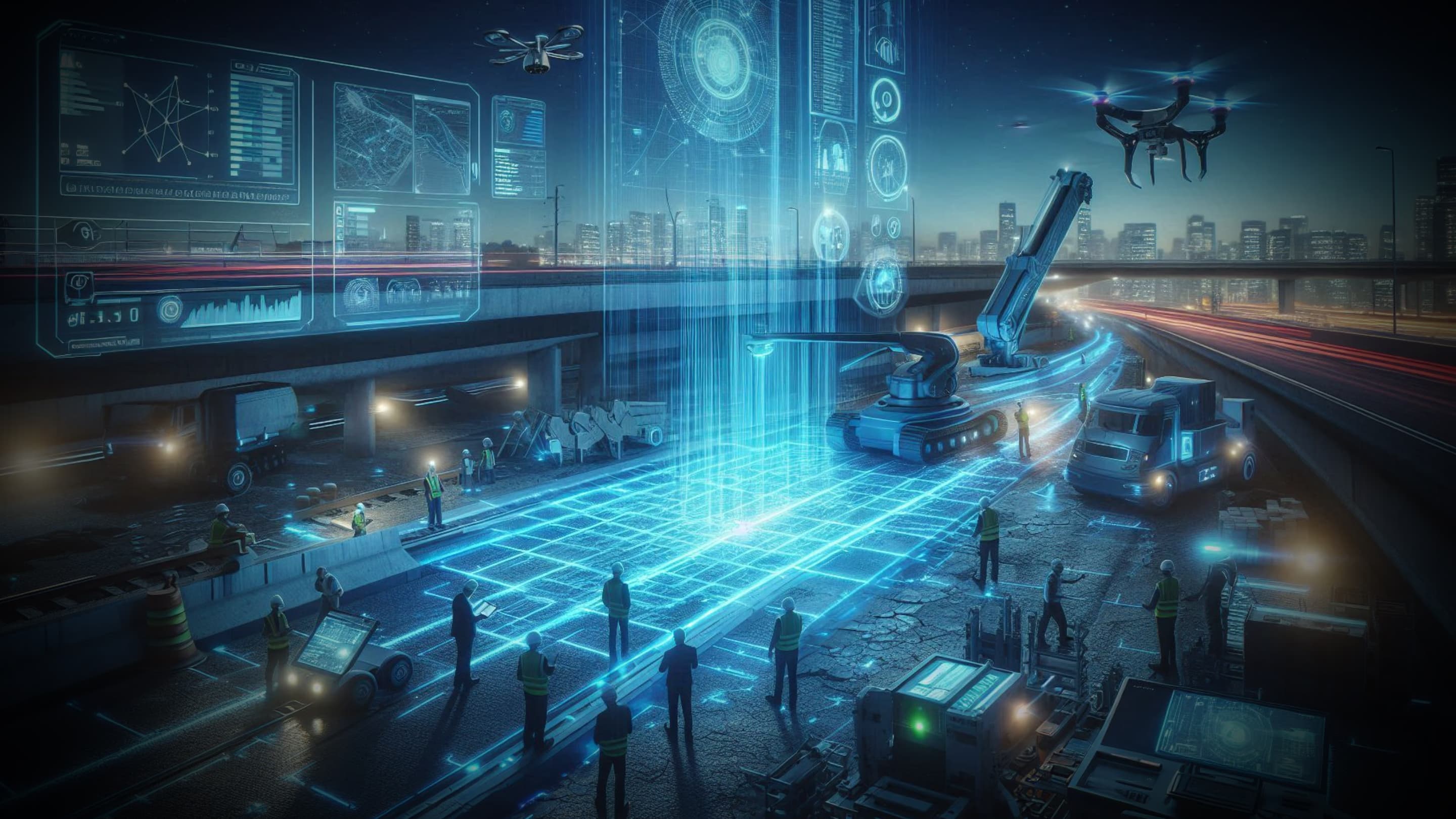 LATO AI The Pavement Group cover image showing futuristic highway construction with drones, AI-powered holographic dashboards, and smart machinery for automated inspections, pavement analysis, and digital work order management.