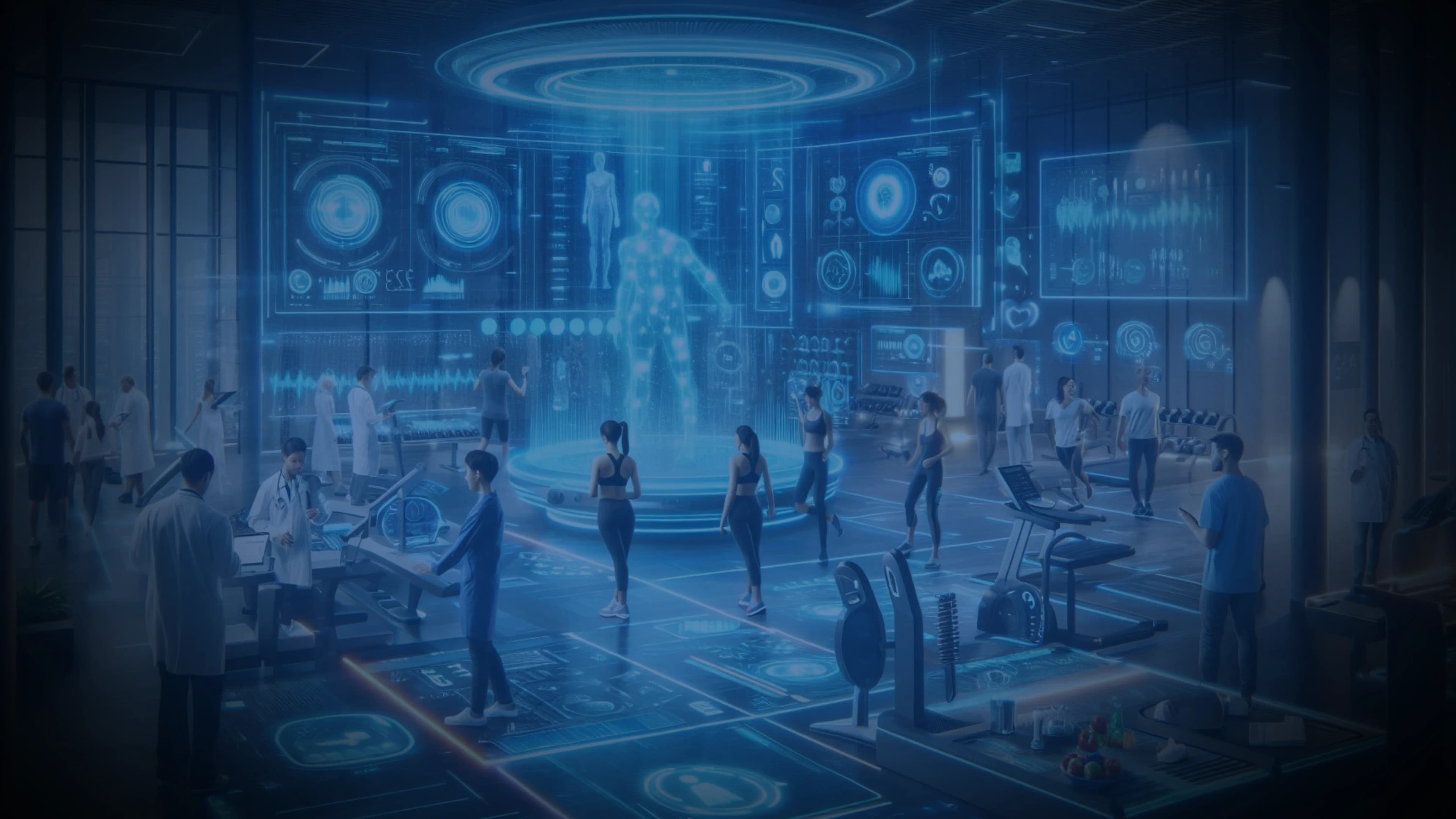 LATO AI Delta cover image showing a futuristic health and performance center with holographic dashboards, biometric data visualization, trainers, and doctors monitoring fitness and wellness.