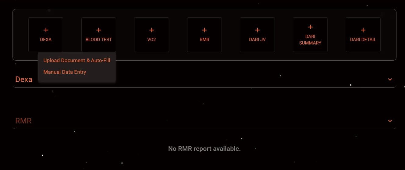 LATO AI Delta dashboard module panel with options to upload documents or enter data manually for Dexa, blood test, VO2, RMR, and DARI performance reports.