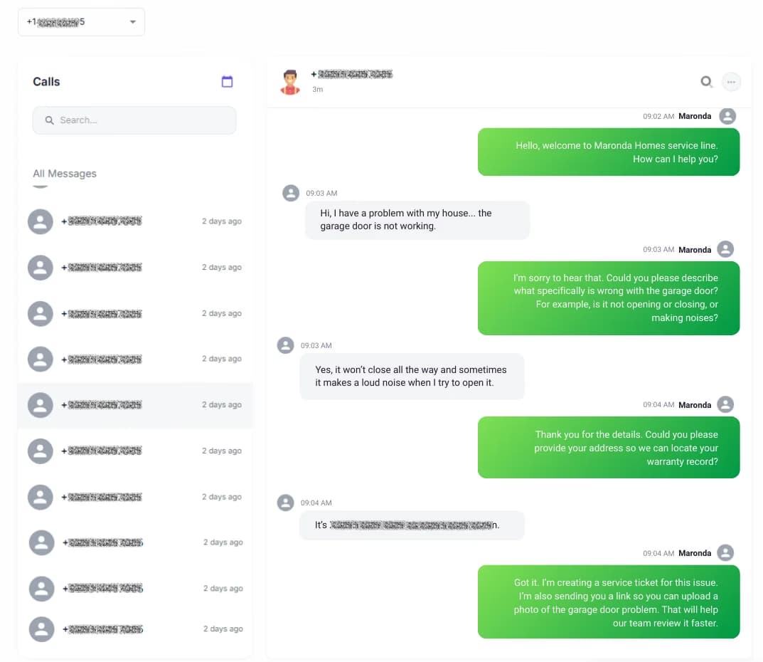LATO AI Maronda Homes service portal screenshot displaying call log and chat conversation for warranty issue reporting and service ticket creation.