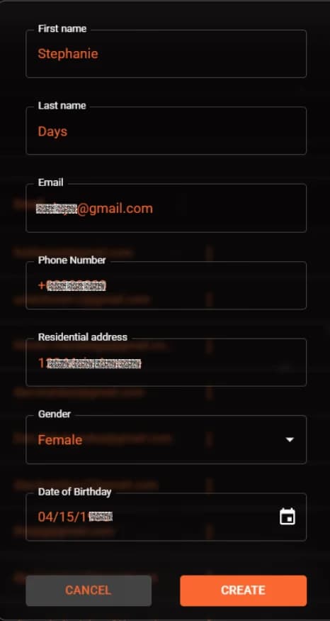 LATO AI Delta admin dashboard form for creating a new user profile with fields for name, email, phone number, address, gender, and date of birth.