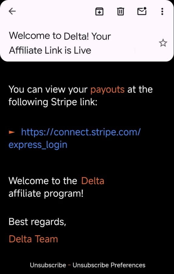 LATO AI Delta affiliate program email confirming live affiliate link with Stripe payout access for commission tracking and earnings management.
