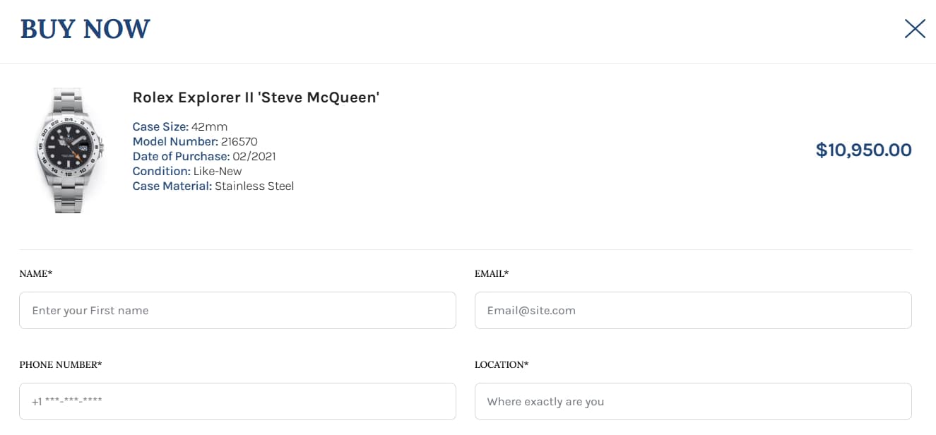 LATO AI Second Time buy now screen for Rolex Explorer II Steve McQueen watch showing specifications, price, and customer purchase form in AI-powered luxury watch marketplace
