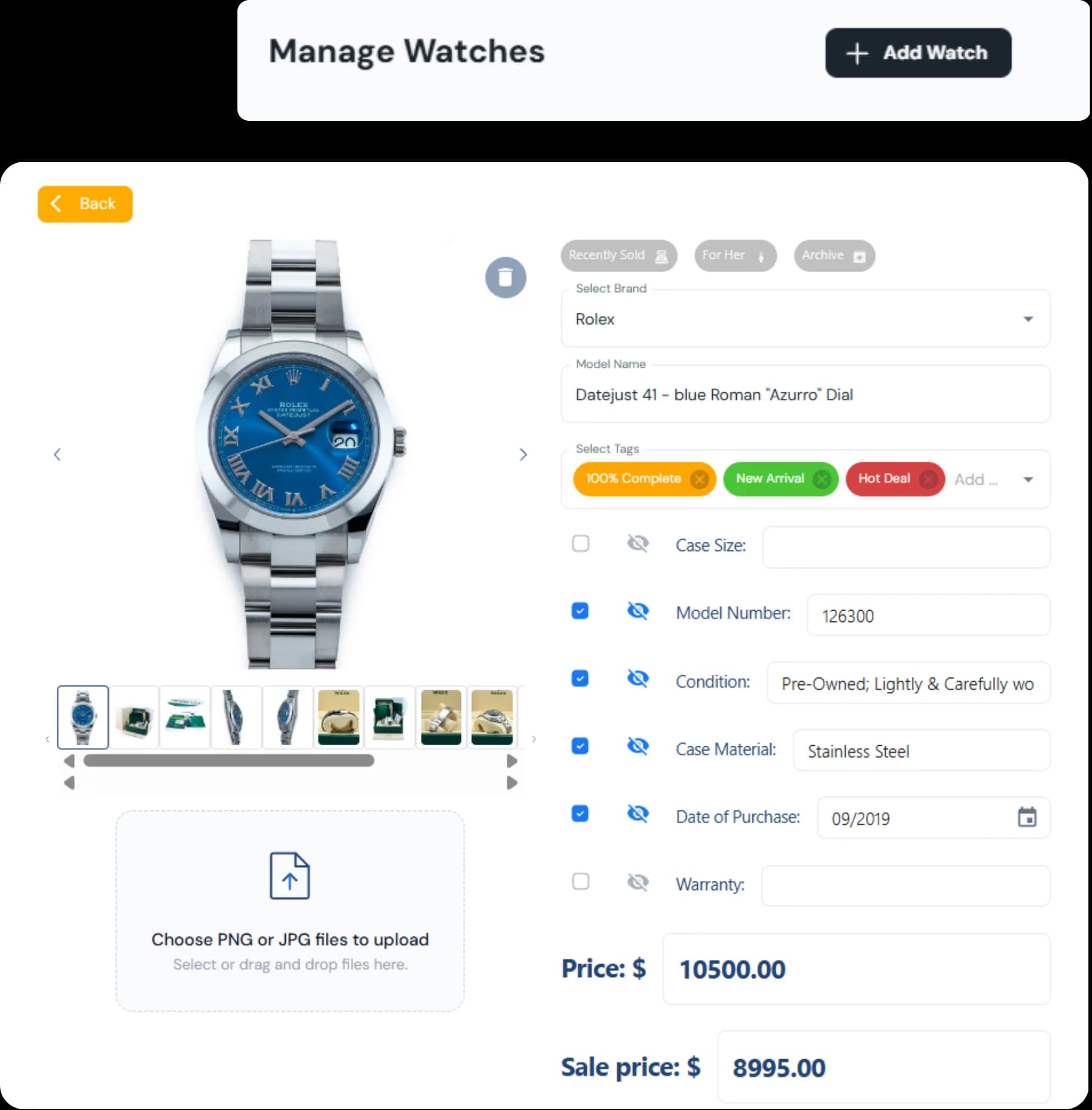 LATO AI Second Time manage watches admin panel with Rolex Datejust 41 blue Roman dial, model 126300, pre-owned condition, stainless steel, price 10500, sale price 8995