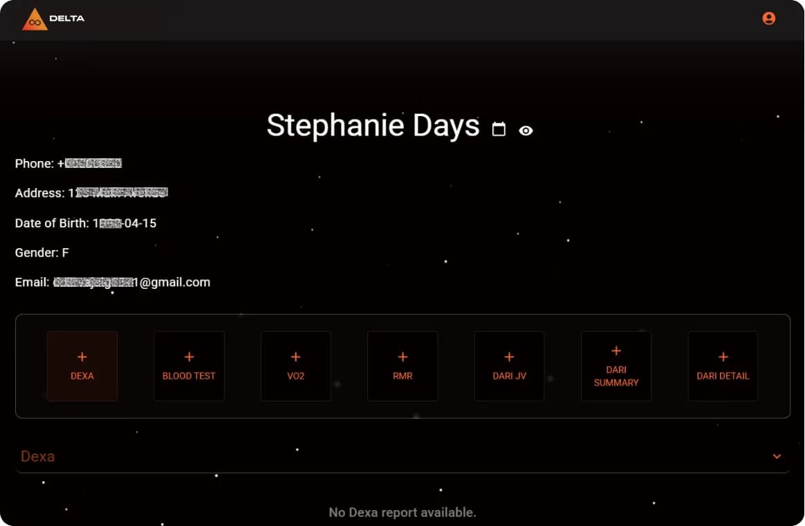 LATO AI Delta user profile dashboard showing personal details and health test modules including Dexa, blood test, VO2, RMR, and performance summaries.