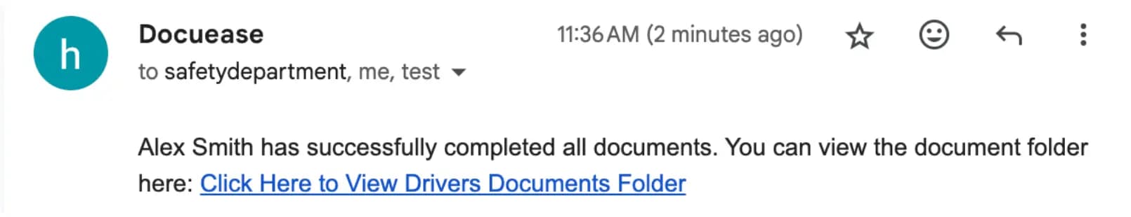 LATO AI Maybach Global automated email confirmation showing driver documents completed with link to digital folder for compliance management