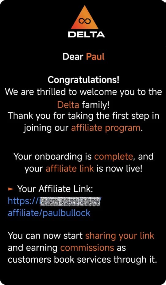 LATO AI Delta affiliate program welcome email confirming successful onboarding, live affiliate link activation, and commission opportunities for new partners.