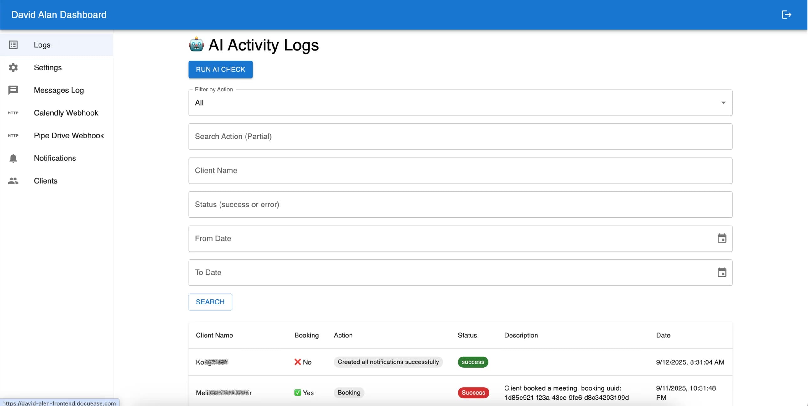 LATO AI David Alan dashboard screenshot showing AI Activity Logs with client booking records, webhook integrations, and notification status tracking.