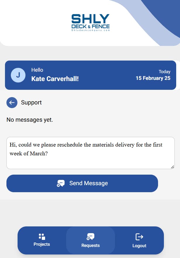 LATO AI Shly Deck & Fence support messaging interface showing client request to reschedule construction material delivery