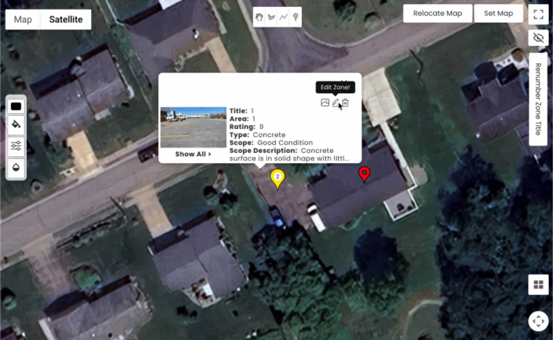 LATO AI The Pavement Group issues map screenshot showing a highlighted zone with details including title, area, rating, type (concrete), scope, and description, alongside a photo of the pavement condition for AI-powered site assessment.