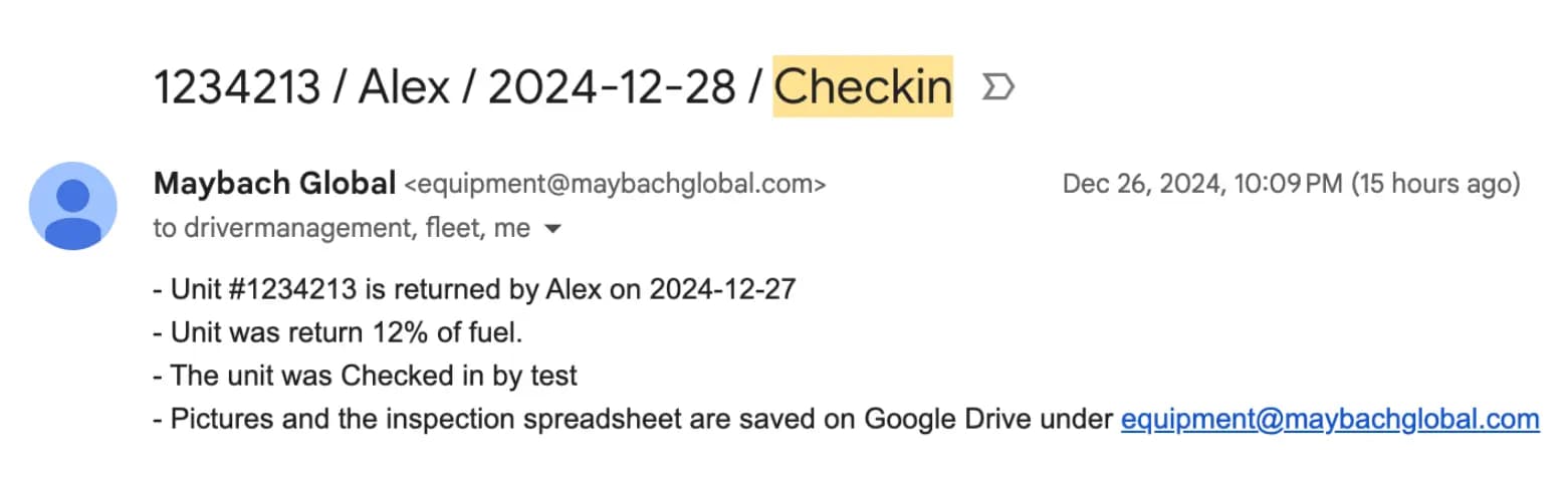 LATO AI Maybach Global automated email showing truck check-in details with fuel level, return date, and inspection documents saved for fleet management compliance