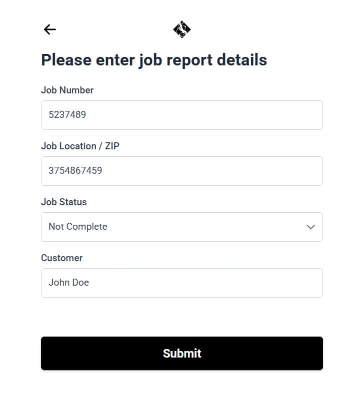 LATO AI Armina Stone job report form showing fields for job number, location, status, and customer information for automated construction reporting