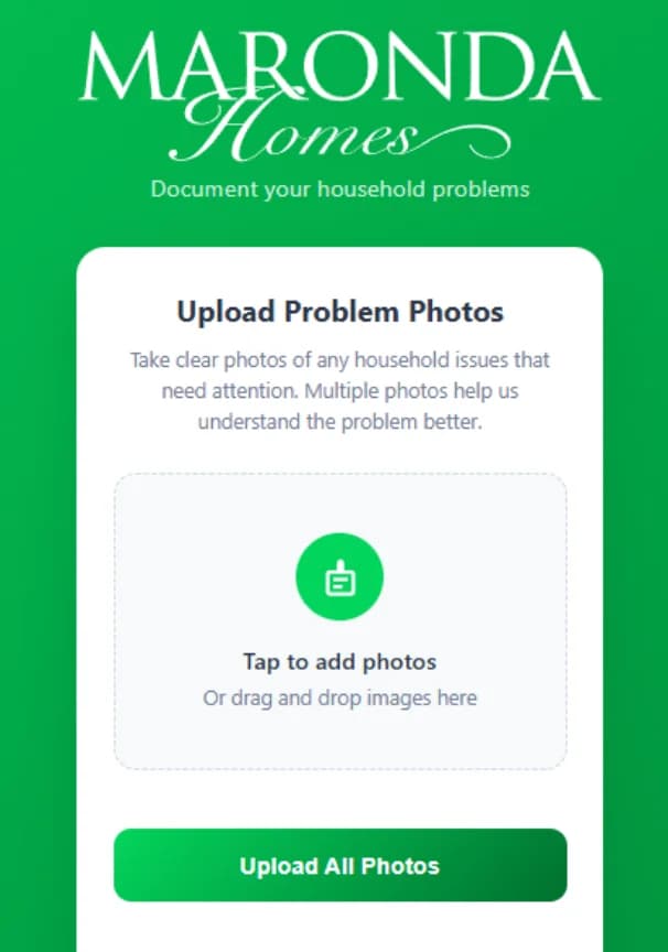 LATO AI Maronda Homes interface showing upload screen for submitting household problem photos to support warranty and service requests.