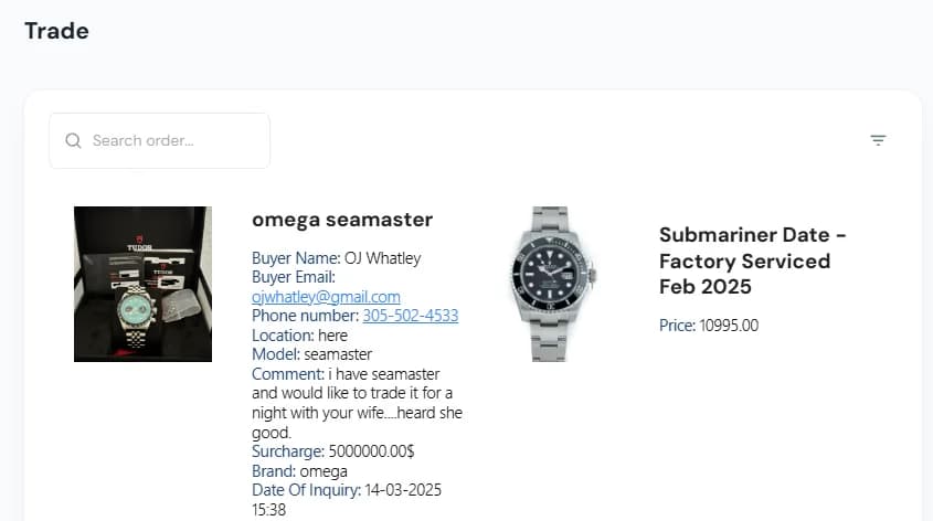 LATO AI Second Time admin dashboard Trade module showing customer watch trade request with buyer details and Omega Seamaster to Rolex Submariner offer