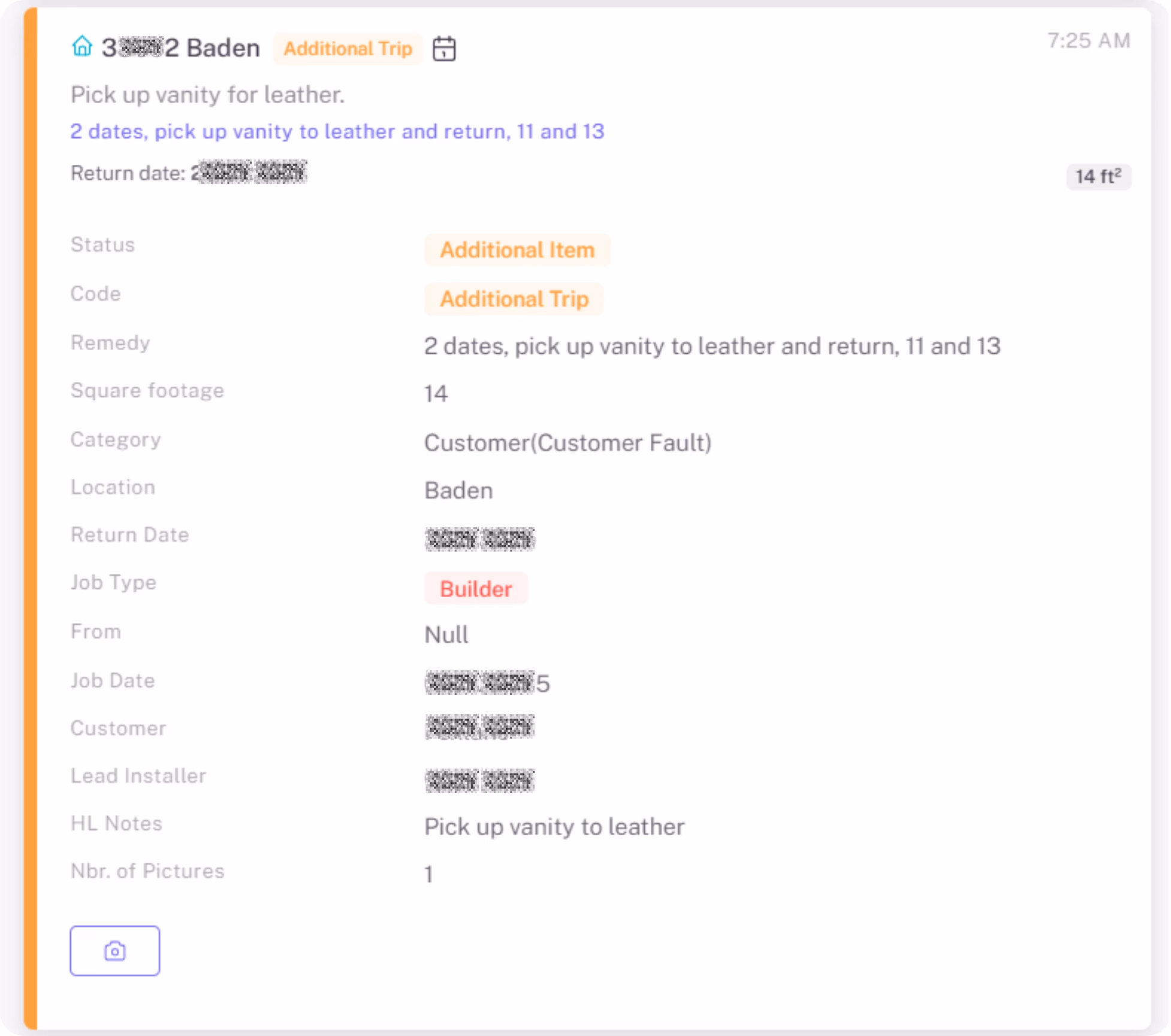 LATO AI Armina Stone service ticket detail view showing job information, status, remedy, customer data, and installer notes for construction reporting automation