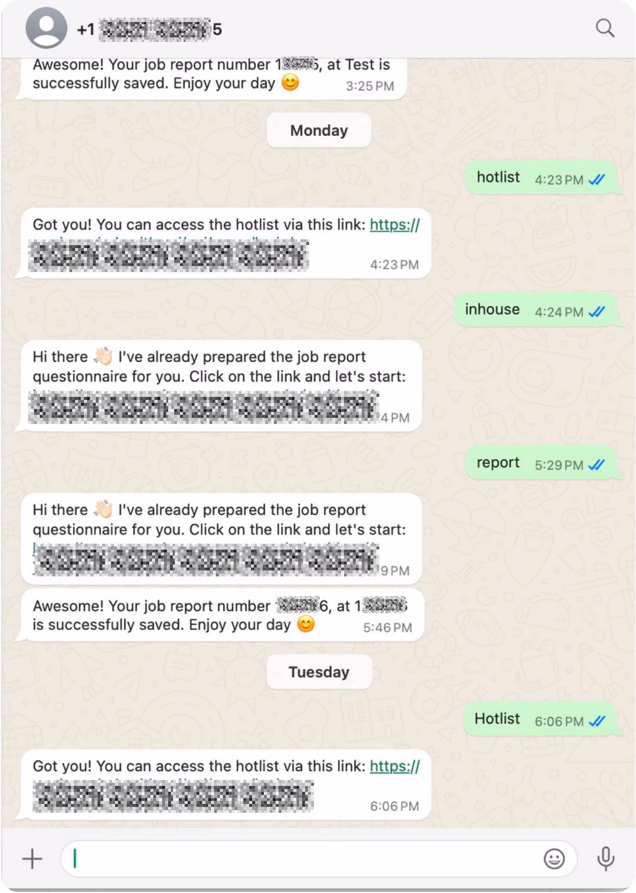 LATO AI Armina Stone WhatsApp bot showing automated job report confirmations and hotlist access links for construction projects