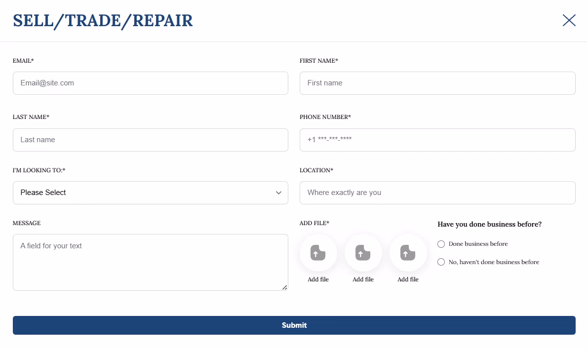 LATO AI Second Time sell trade repair form for luxury watches with fields for customer details, location, watch information, file upload, and business history